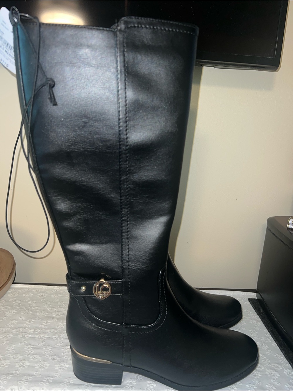 Liz Claiborne Black Tall Boots with Gold Logo Accent NWT